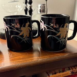 Otagiri Crown Iris Black Ceramic Mugs 1980s